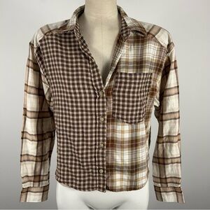 💕AE Brown Plaid women patchwork cropped Shirt S